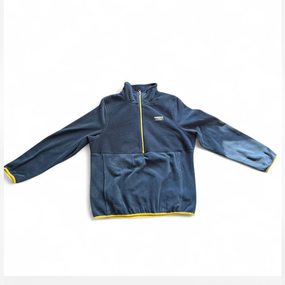 L.L.Bean fleece quarter zip jacket, navy with yellow details. Size L